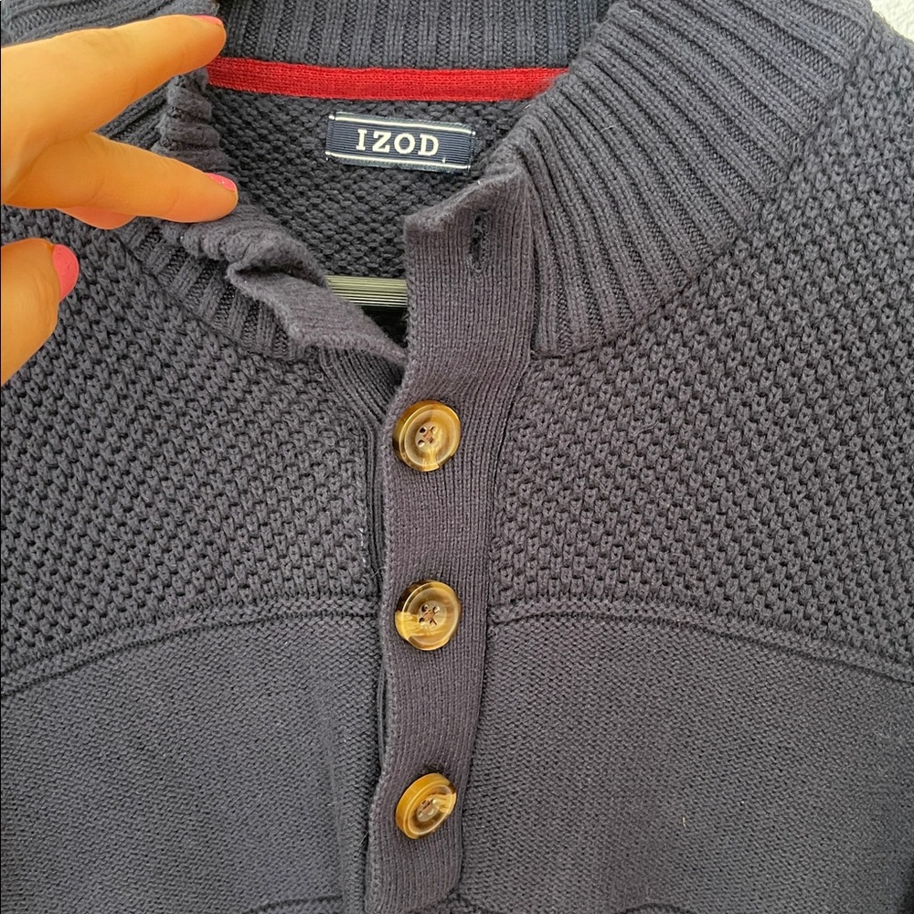 XL- IZOD Navy Textured V-Neck Button Pullover Sweater - Picture 3 of 9